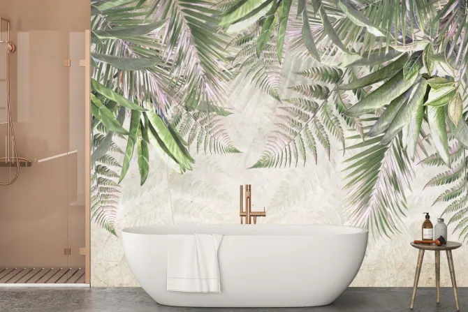 Fototapeta: Tropikalne liście palmy paproci zwisające z góry betonowe tło