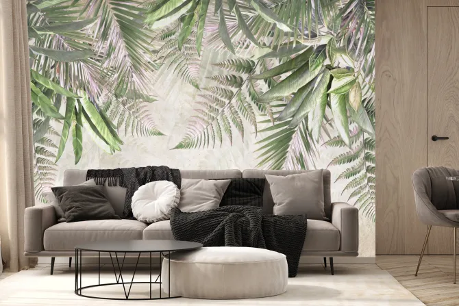 Fototapeta: Tropikalne liście palmy paproci zwisające z góry betonowe tło