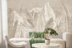 Fototapeta: Tropikalne liście bananowca i motyle na teksturowym tle w monochromatycznych