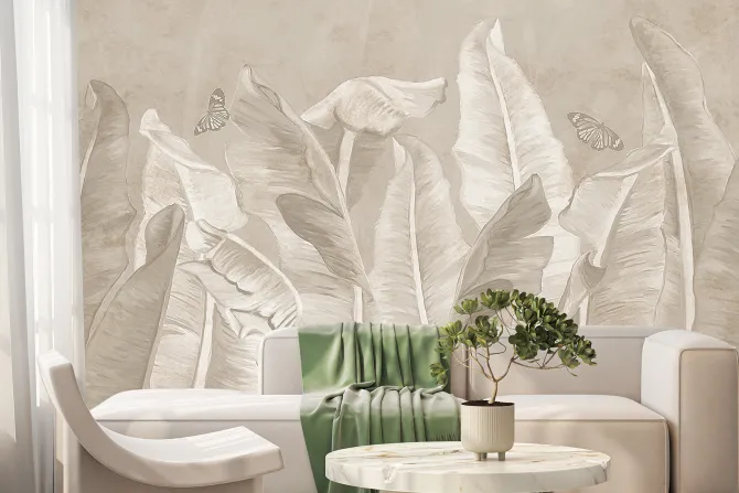 Fototapeta: Tropikalne liście bananowca i motyle na teksturowym tle w monochromatycznych