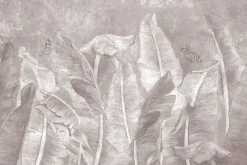 Fototapeta: Tropikalne liście bananowca i motyle na teksturowym tle w monochromatycznych