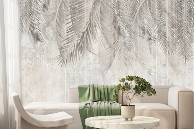 Fototapeta: Tropikalne liście palmowe w odcieniach szarości i beżu