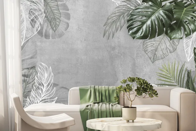 Fototapeta: Tropikalne liście na szarym betonie