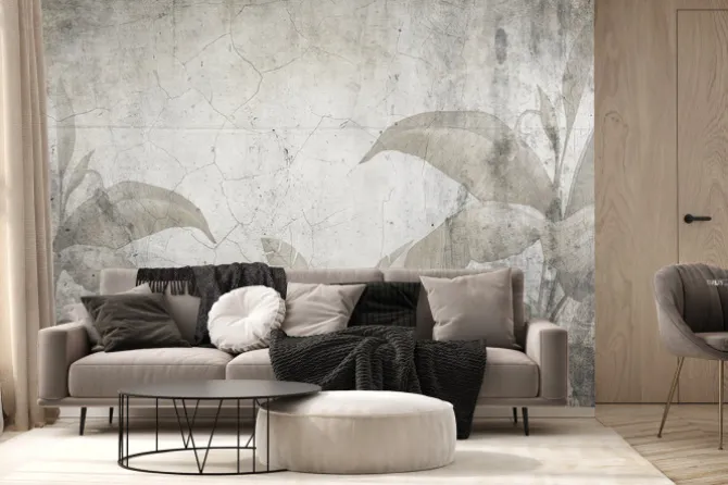 Fototapeta: Tropikalne liście na popękanej starej ścianie