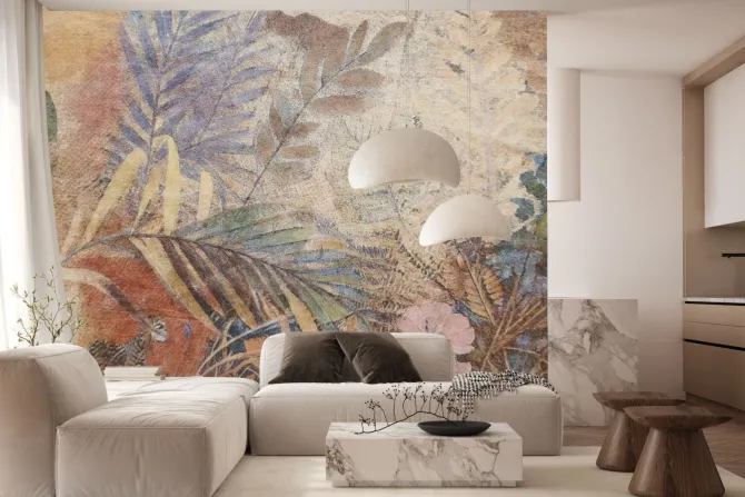 Fototapeta: Tropikalne liście i kwiaty w jesiennych barwach