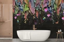 Fototapeta: Tropikalne liście bananów z kwiatami i motylami