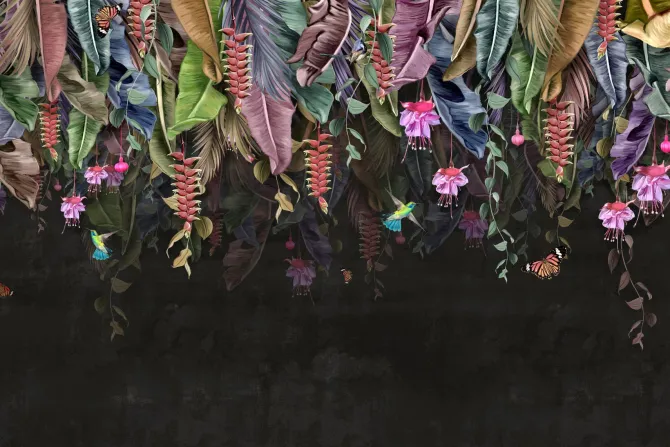 Fototapeta: Tropikalne liście bananów z kwiatami i motylami