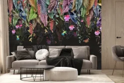 Fototapeta: Tropikalne liście bananów z kwiatami i motylami