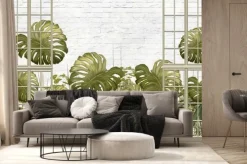 Fototapeta: Tropikalne liście monstery na tle białej cegły