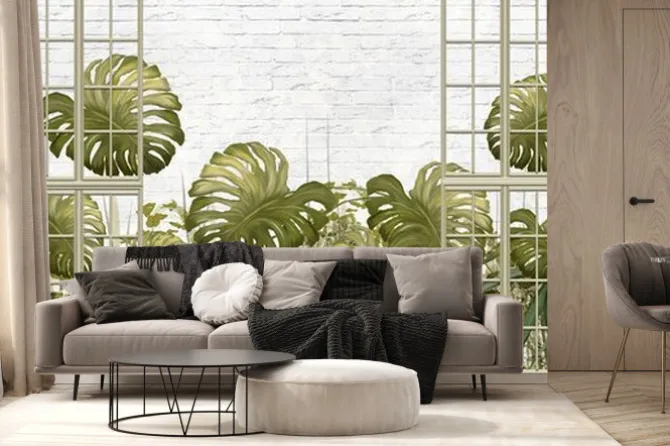 Fototapeta: Tropikalne liście monstery na tle białej cegły