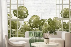 Fototapeta: Tropikalne liście monstery na tle białej cegły