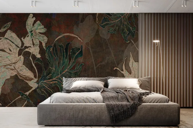 Fototapeta: Tropikalne liście na brązowej teksturze