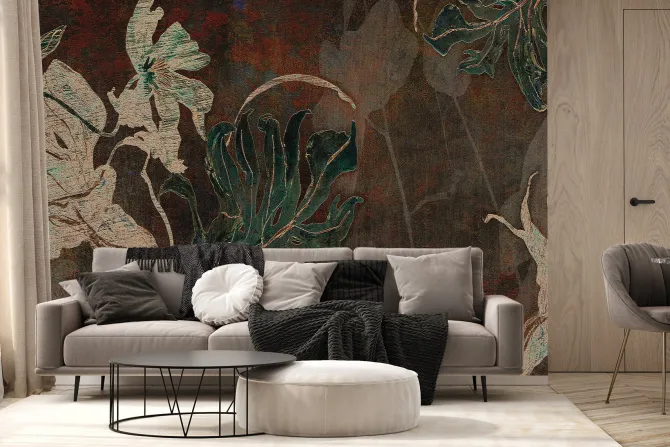 Fototapeta: Tropikalne liście na brązowej teksturze