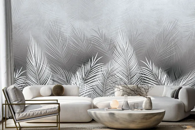 Fototapeta: Tropikalne liście palmy w bieli i szarości z efektem betonu