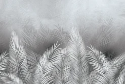 Fototapeta: Tropikalne liście palmy w bieli i szarości z efektem betonu