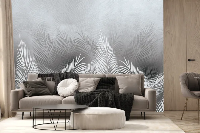 Fototapeta: Tropikalne liście palmy w bieli i szarości z efektem betonu