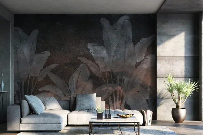 Fototapeta: Tropikalne rośliny na ciemnej betonowej ścianie