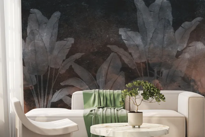 Fototapeta: Tropikalne rośliny na ciemnej betonowej ścianie