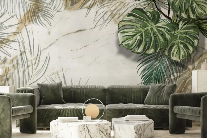 Fototapeta: Tropikalne rośliny monstera i palma