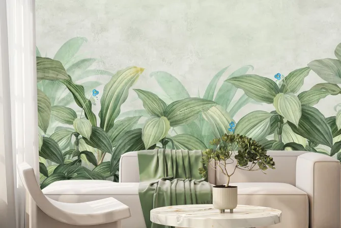 Fototapeta: Tropikalne rośliny i małe niebieskie kwiatki