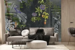 Fototapeta: Tropikalne rośliny kwiaty i liście na ciemnym tle