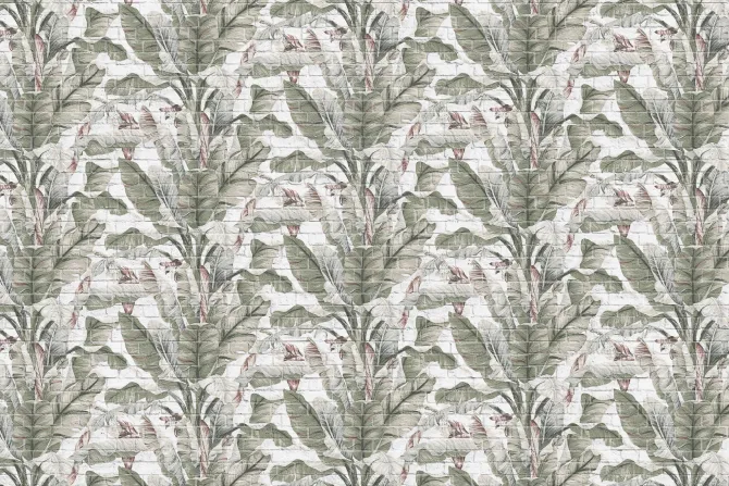 Fototapeta: Tropikalne rośliny liście bananowca ceglany mur dekoracja