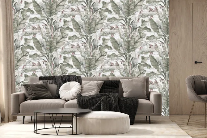 Fototapeta: Tropikalne rośliny liście bananowca ceglany mur dekoracja