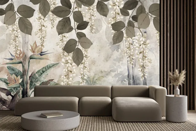 Fototapeta: Tropikalne rośliny i białe kwiaty