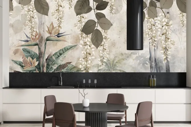 Fototapeta: Tropikalne rośliny i białe kwiaty