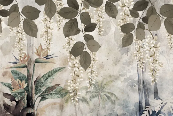 Fototapeta: Tropikalne rośliny i białe kwiaty