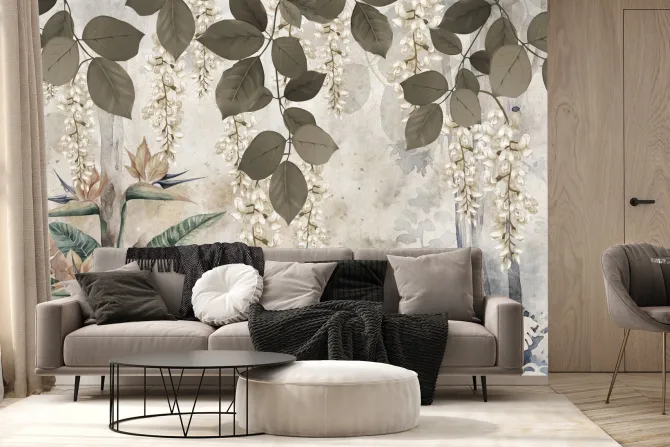 Fototapeta: Tropikalne rośliny i białe kwiaty