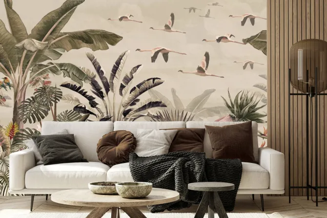 Fototapeta: Tropikalny krajobraz rośliny i egzotyczne ptaki