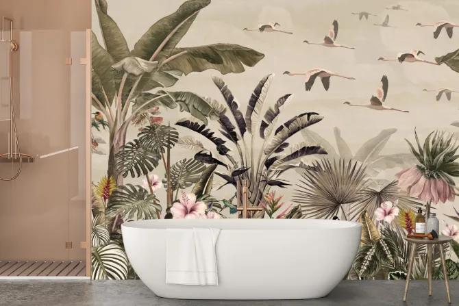 Fototapeta: Tropikalny krajobraz rośliny i egzotyczne ptaki