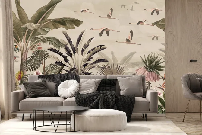 Fototapeta: Tropikalny krajobraz rośliny i egzotyczne ptaki
