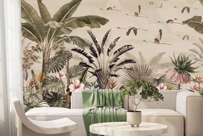 Fototapeta: Tropikalny krajobraz rośliny i egzotyczne ptaki