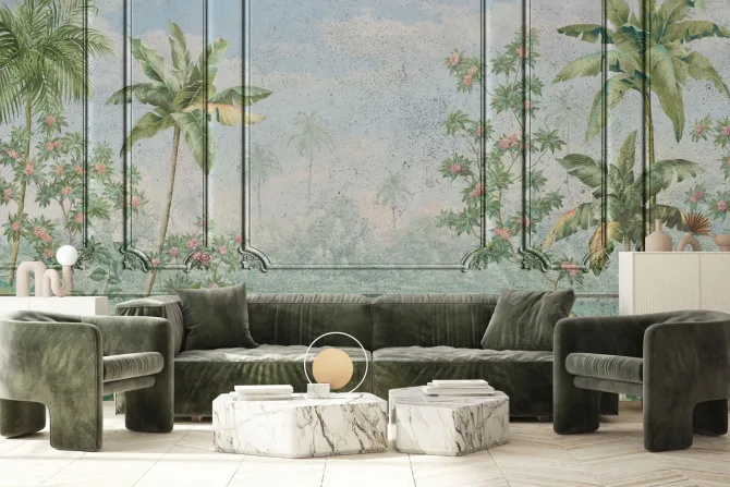 Fototapeta: Tropikalny krajobraz drzewa palmy na tle sztukaterii