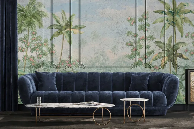 Fototapeta: Tropikalny krajobraz drzewa palmy na tle sztukaterii