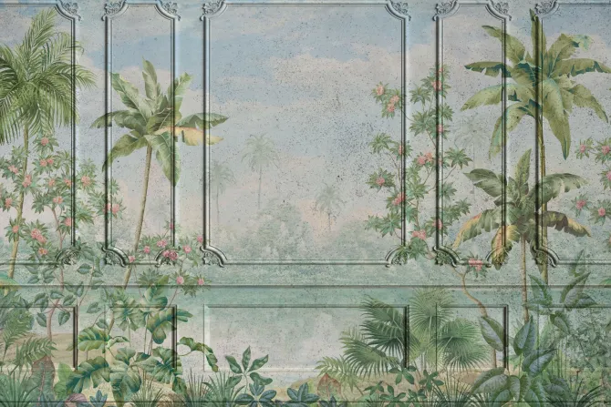 Fototapeta: Tropikalny krajobraz drzewa palmy na tle sztukaterii