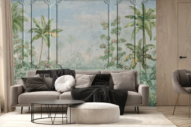Fototapeta: Tropikalny krajobraz drzewa palmy na tle sztukaterii