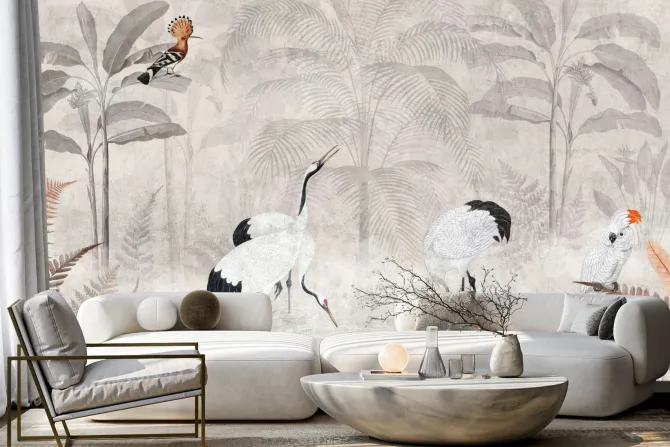 Fototapeta: Tropikalny krajobraz z żurawiami w dżungli