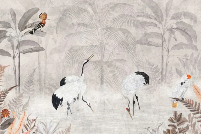 Fototapeta: Tropikalny krajobraz z żurawiami w dżungli