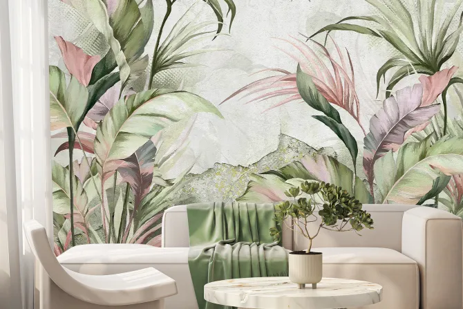 Fototapeta: Tropikalny krajobraz pastelowe liście na betonowym tle