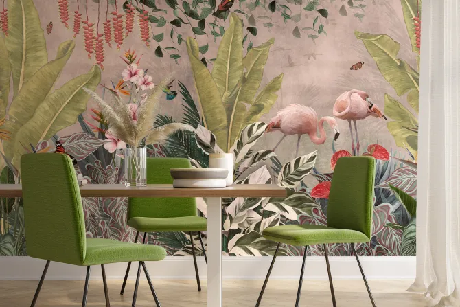 Fototapeta: Tropikalny raj z flamingami wśród kwiatów