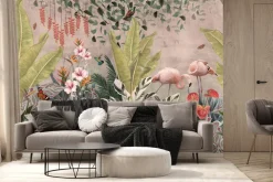 Fototapeta: Tropikalny raj z flamingami wśród kwiatów