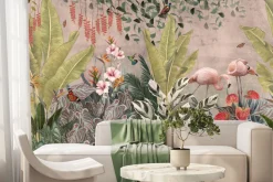 Fototapeta: Tropikalny raj z flamingami wśród kwiatów