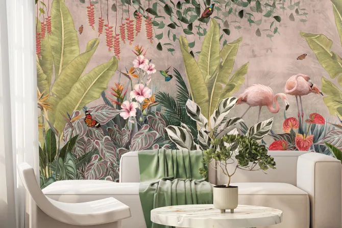 Fototapeta: Tropikalny raj z flamingami wśród kwiatów
