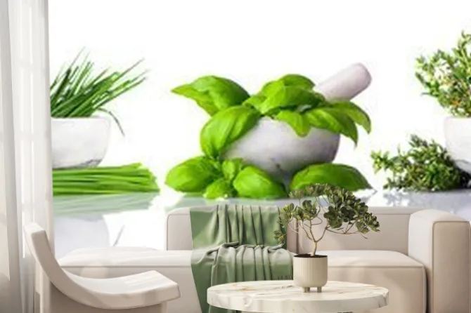 Fototapeta: Tłuczek i moździerz z zielonymi ziołami