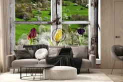 Fototapeta: Tulipany przy oknie, patrząc na krajobraz