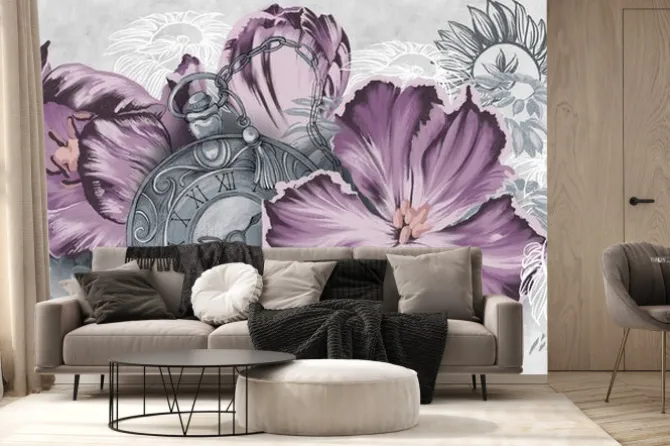 Fototapeta: Tulips, macro flowers illustration with old clock. a beautiful