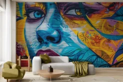 Fototapeta: Twarz kobiety na kolorowym ceglanym murze